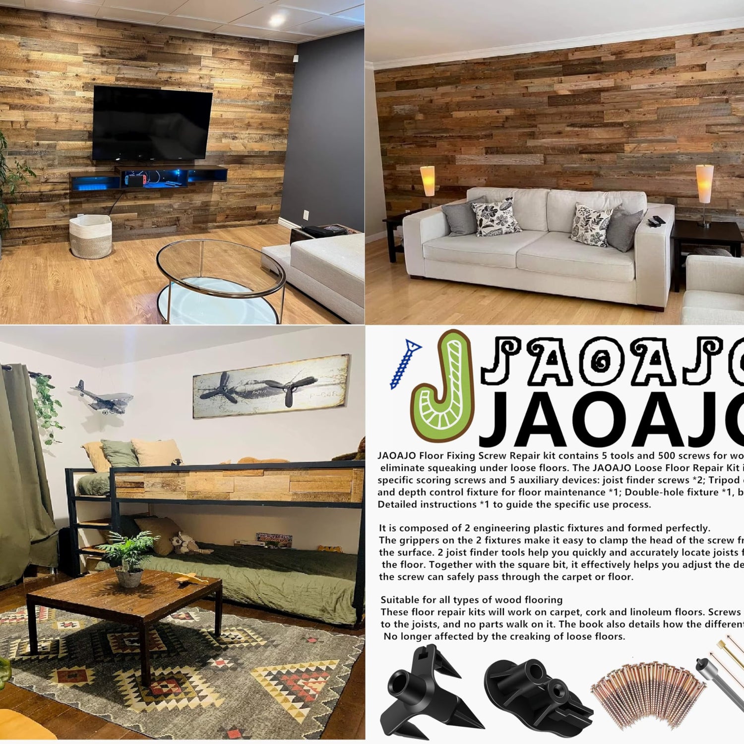 JAOAJO Floor Fix Screws Repair Kit with 5 Tools and 50 Screws for Wood Floors, Eliminate Squeaks Under Floor Loose JAOAJO