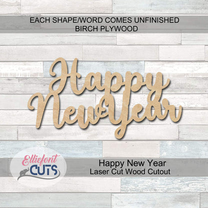 Happy New Year Wood Cutouts for crafts, Laser Cut Wood Shapes 5mm thick Baltic Birch Wood, Multiple Sizes Available - WoodArtSupply