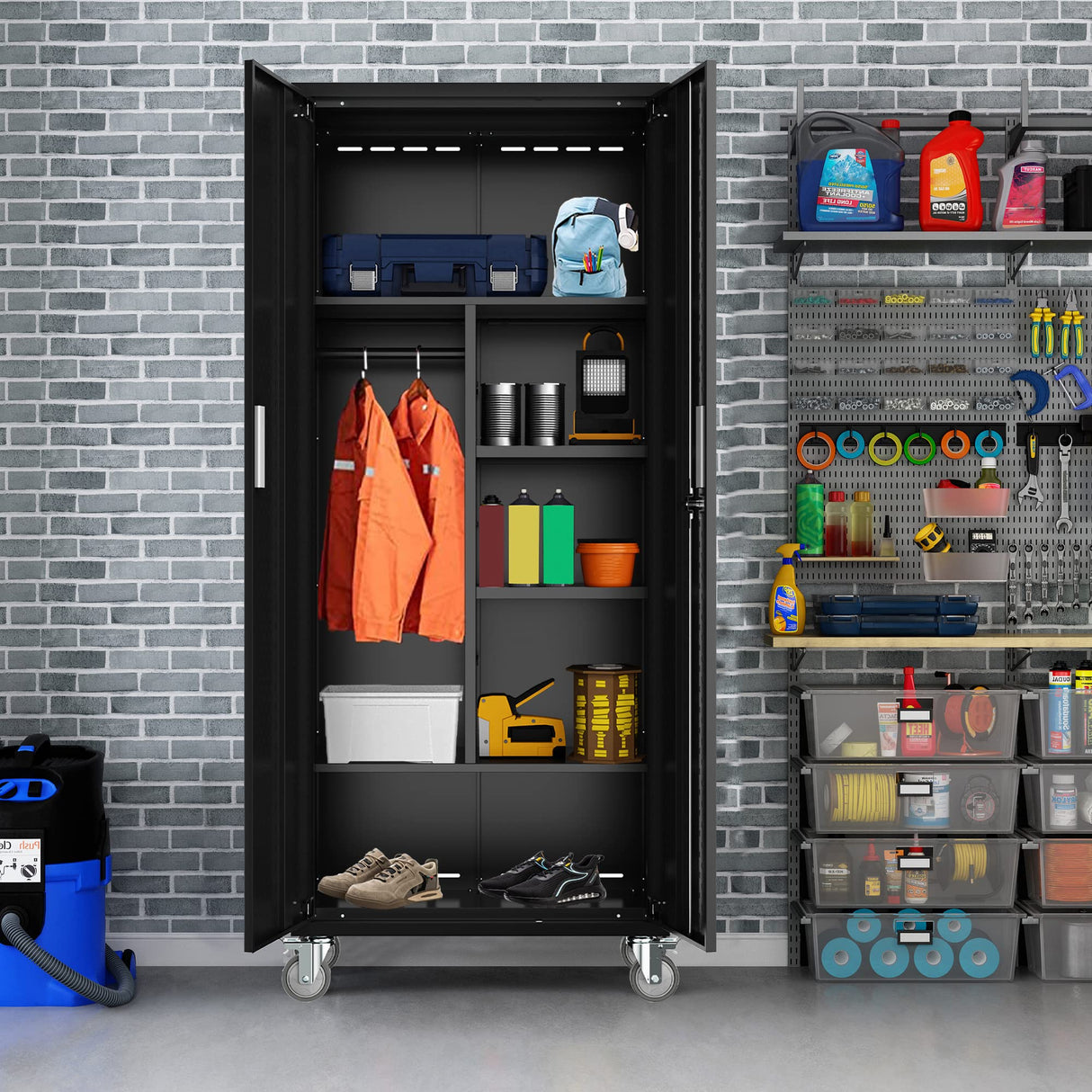 TOPKEY Metal Storage Cabinets Locker for Home Office, 72" Garage Storage Cabinet with Wheels, Lockable Doors and Shelves, Steel Wardrobe Cabinet with TOPKEY