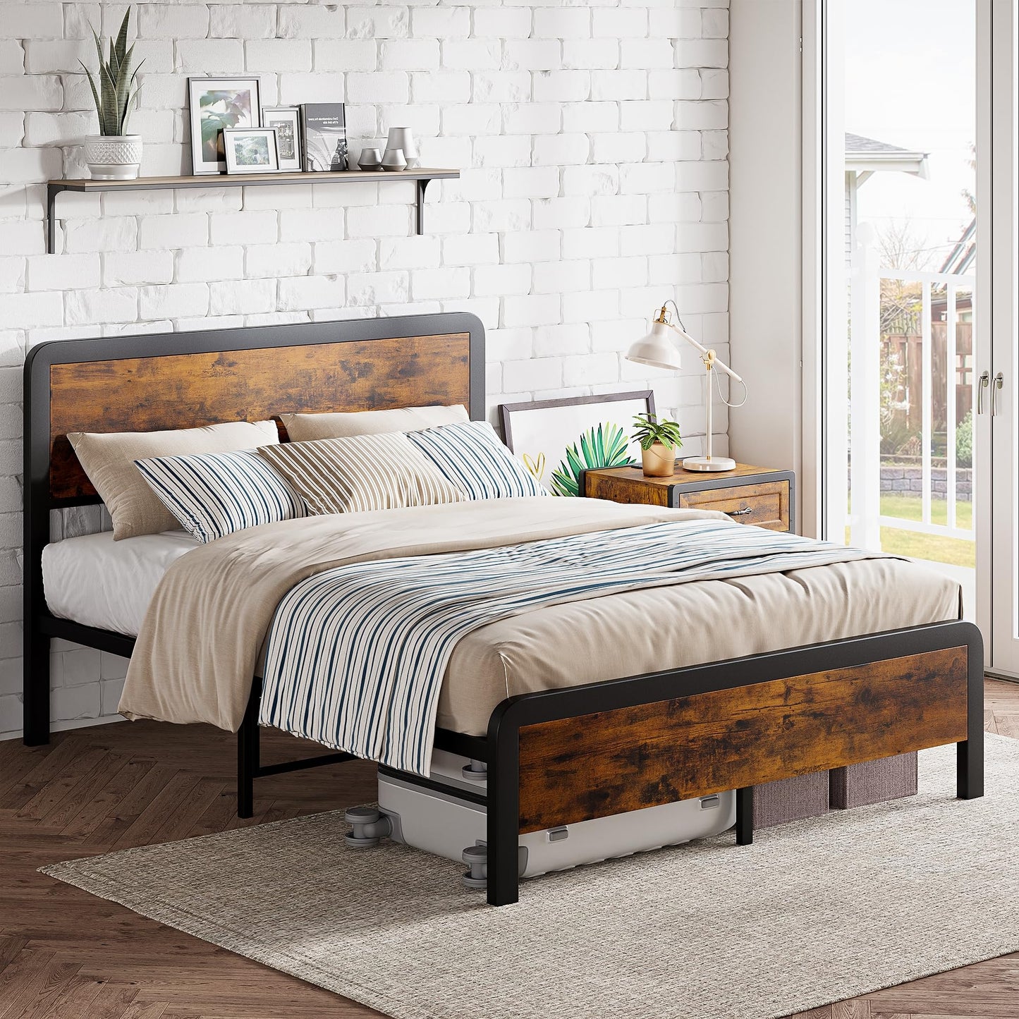 GAOMON 14 Inch Platform Bed Frame with Rustic Vintage Wooden Headboard and Footboard, No Box Spring Needed,Mattress Foundation,Strong Metal Slats