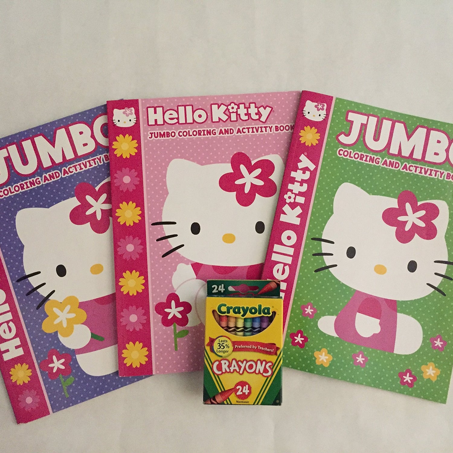 Hello Kitty 4pc Bundle Set Includes three 96 page Jumbo coloring & Activity Books and a 24 pack of Crayola crayons WoodArtSupply