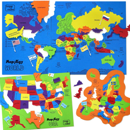 Imagimake Mapology United States & World Map Puzzle with Flags, Countries & Capitals | US Educational Toy for Kids 4-8 | Learn Geography Puzzle for - WoodArtSupply