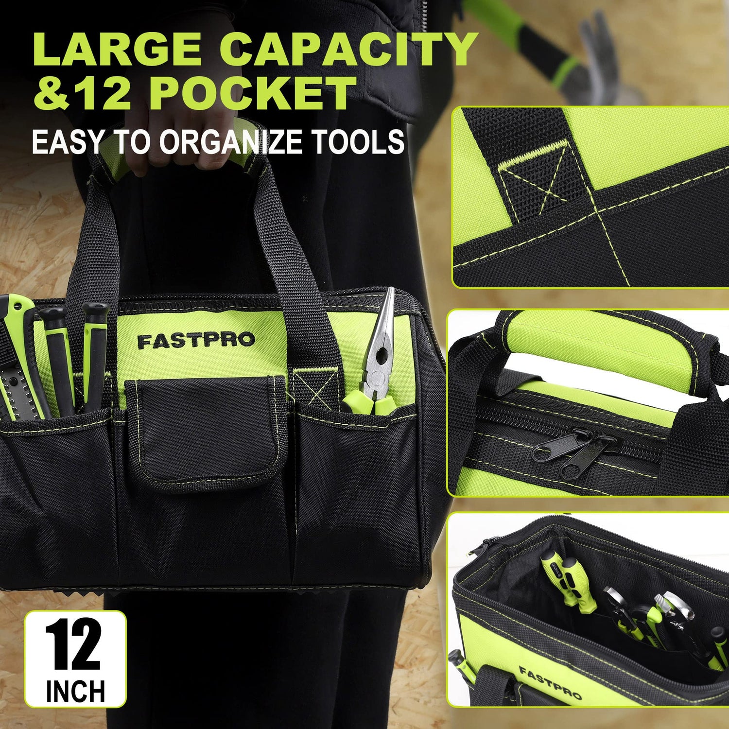 FASTPRO 220-Piece Home Tool Set, Household Repairing Tool Kit, with 12-Inch Wide Mouth Open Storage Tool Bag, Green FASTPRO