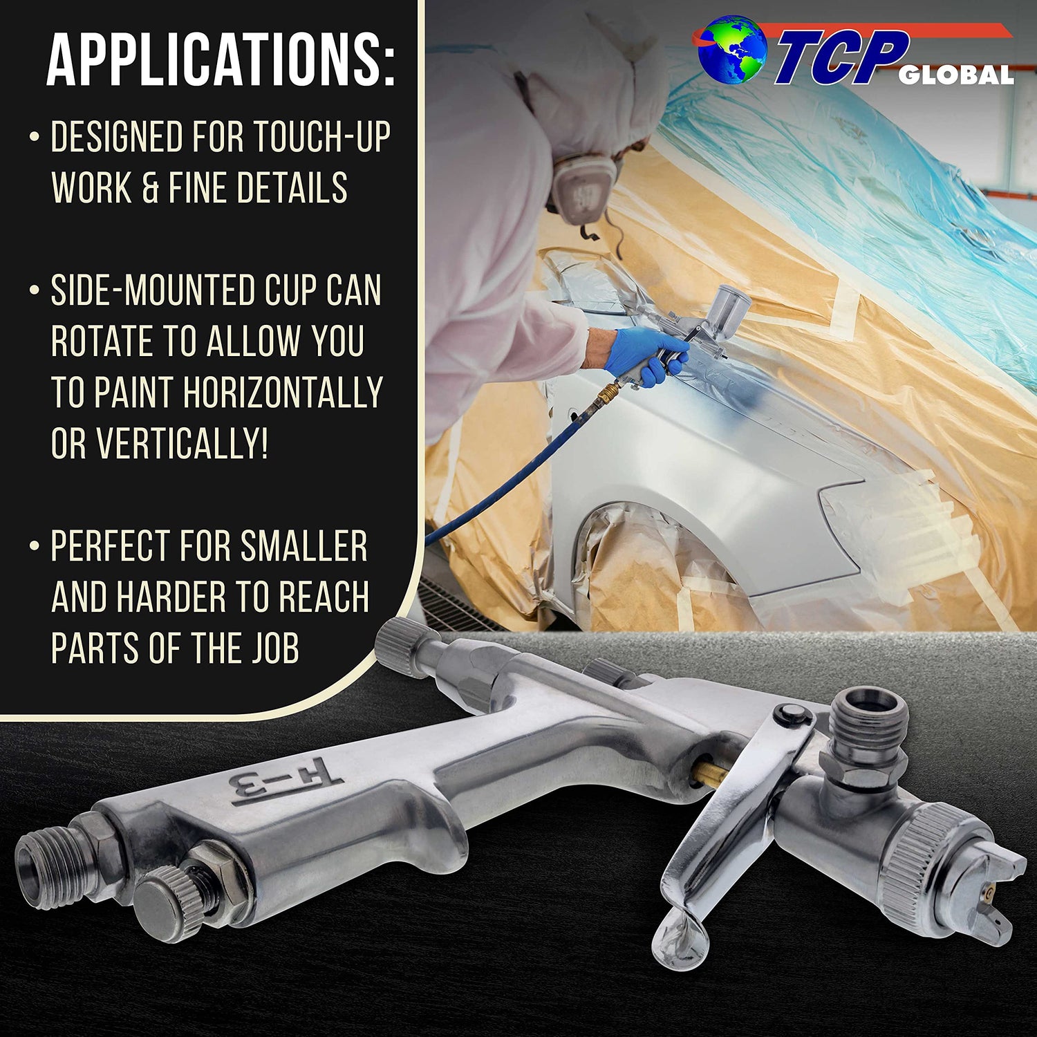 TCP Global Mini Gravity Feed Spray Gun with .8mm, 5mm & 1.0mm Needle & Nozzle Sets & Side Mounted Rotating Cup TCP Global