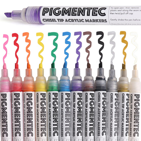 Chisel Tip Acrylic Markers - Set of 12 - Acrylic Paint Pens - Vibrant Art Markers for Glass, Metal, Ceramic, Mugs, Wood, DIY, Rock Painting - Quick Milltown Merchants