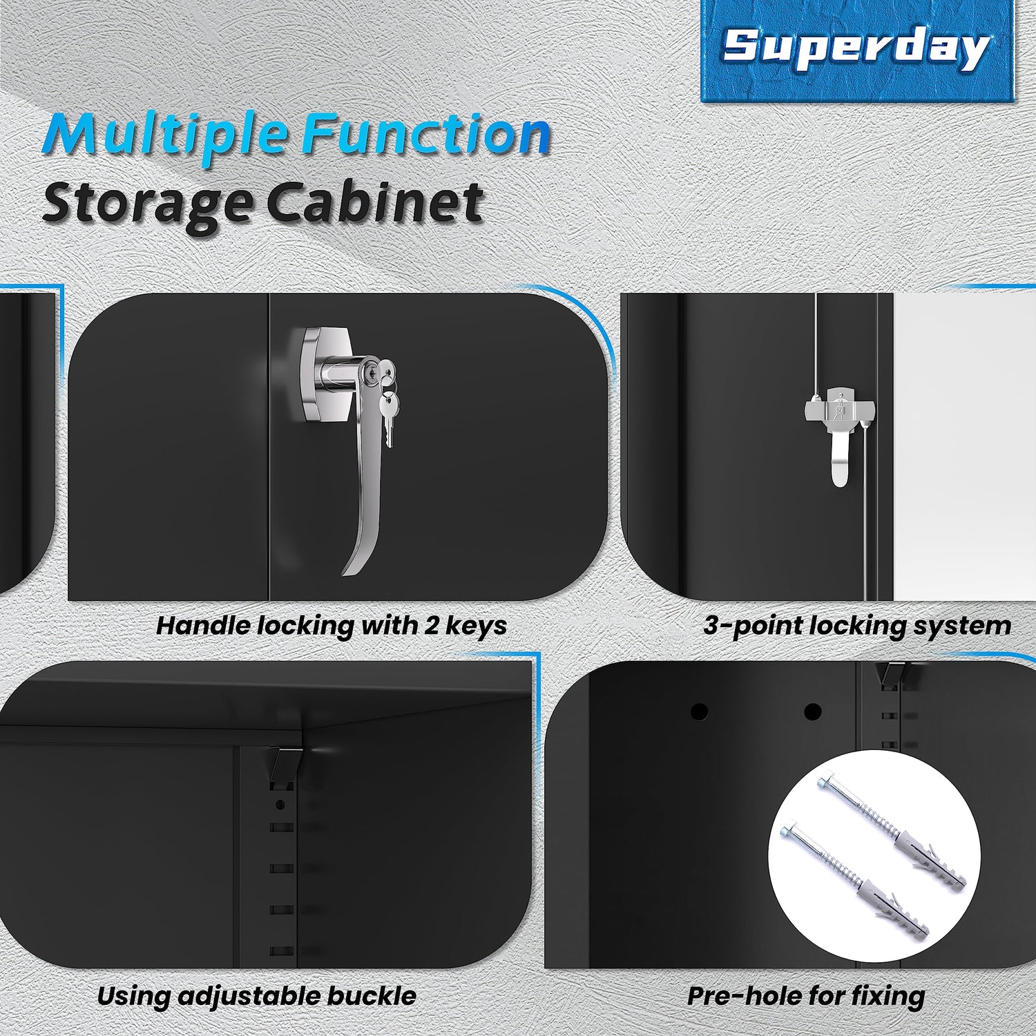 Superday 71" Lockable Steel Storage Cabinet, Locking Metal Storage Cabinets, Tall Black Cabinet with 2 Doors and 4 Adjustable Shelves for Garage, Superday