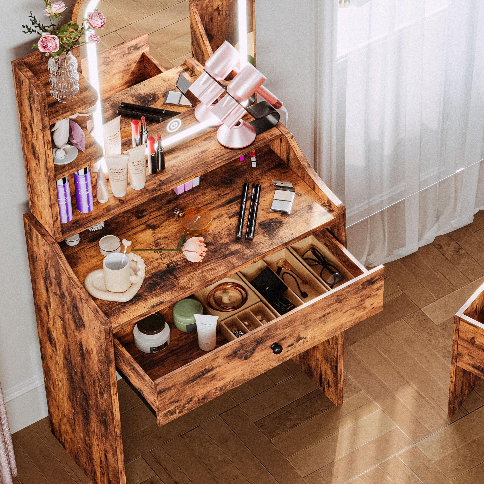 LIKIMIO Small Makeup Vanity Desk with Mirror and Lights, Vanity Table Set with Storage Drawer & Chair & 3 Shelves, Bedroom, Vintage Brown - WoodArtSupply