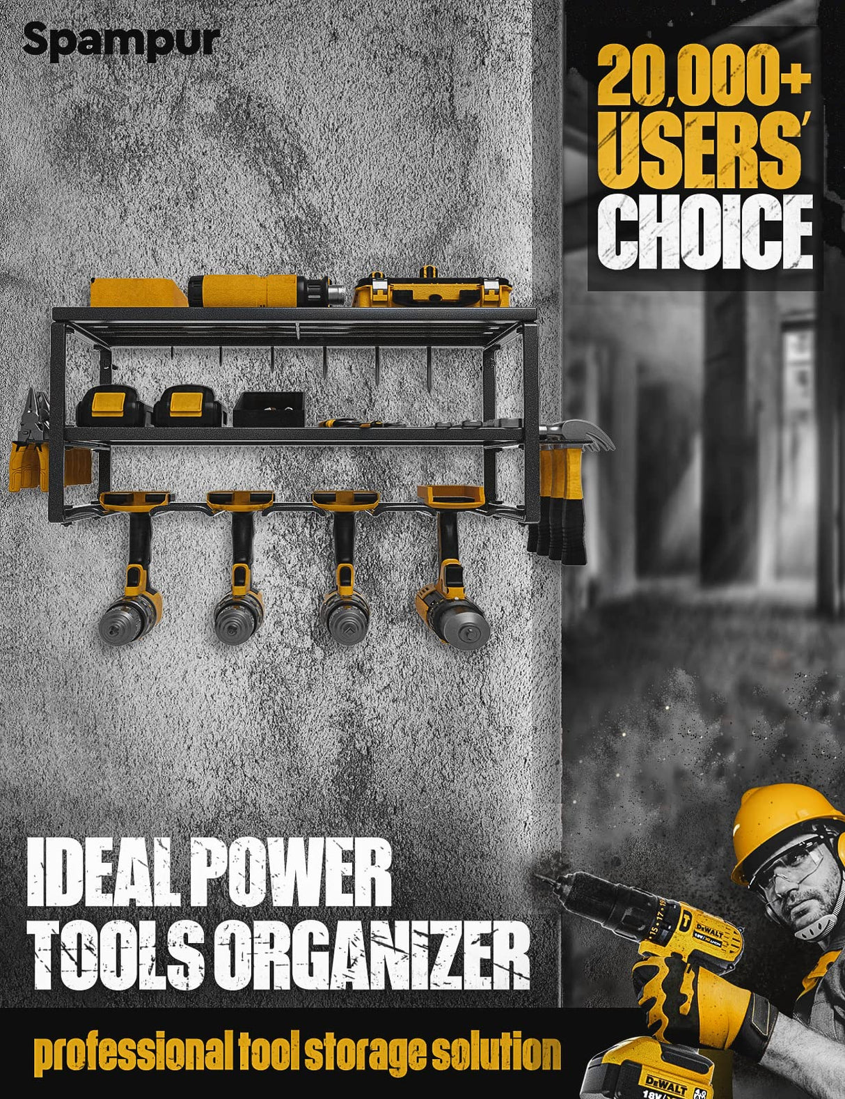 Spampur Power Tool Organizer with Charging Station, 4 Drill Holder Wall Mount, Garage Storage Rack for Handheld, Metal Tool Shelf Utility Rack for Spampur