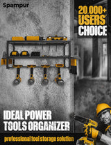 Spampur Power Tool Organizer with Charging Station, 4 Drill Holder Wall Mount, Garage Storage Rack for Handheld, Metal Tool Shelf Utility Rack for Spampur