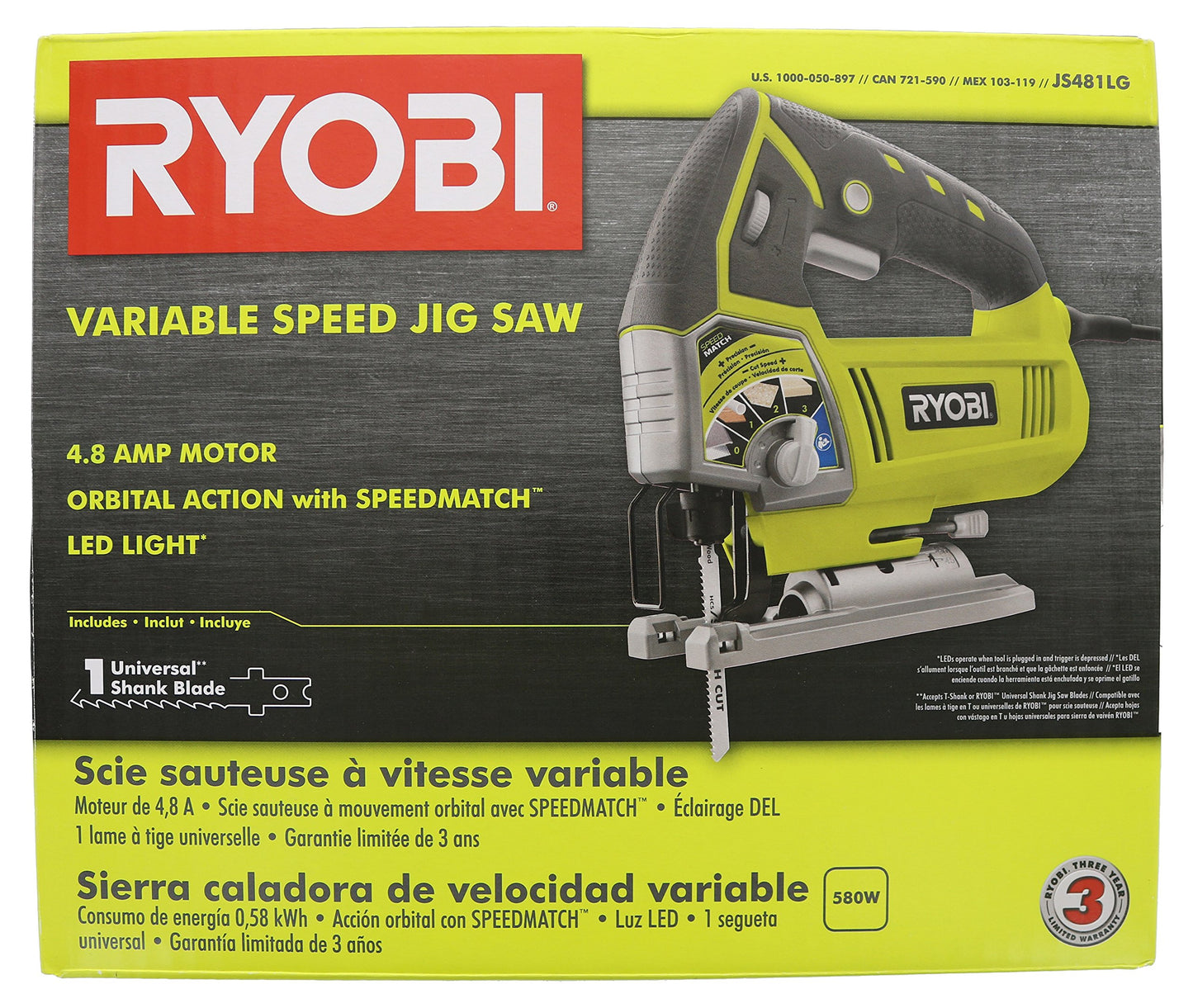 Ryobi JS481LG 4.8 Amp Corded Variable Speed T-Shank Orbital Jig Saw w/ Onboard LED Lighting System - WoodArtSupply