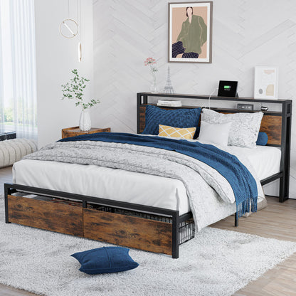 LIKIMIO Queen Bed Frame with Storage Headboard, Platform Bed with Drawers and Charging Station, No Box Spring Needed, Easy Assembly, Vintage Brown