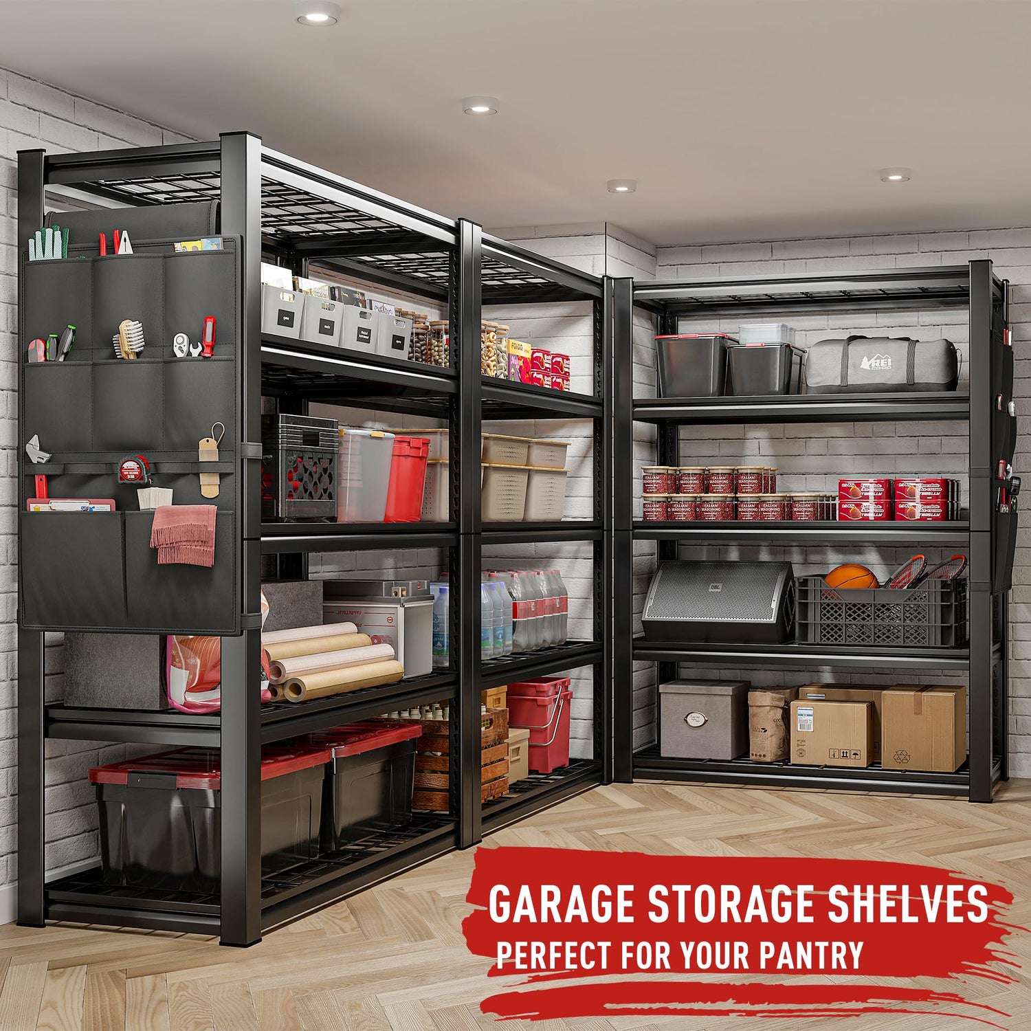 REIBII Garage Shelving Heavy Duty Load 2000LBS Garage Storage Shelves with Bag 5 Tier Adjustable Metal Storage Shelving for Gagrage Shelves Storage REIBII
