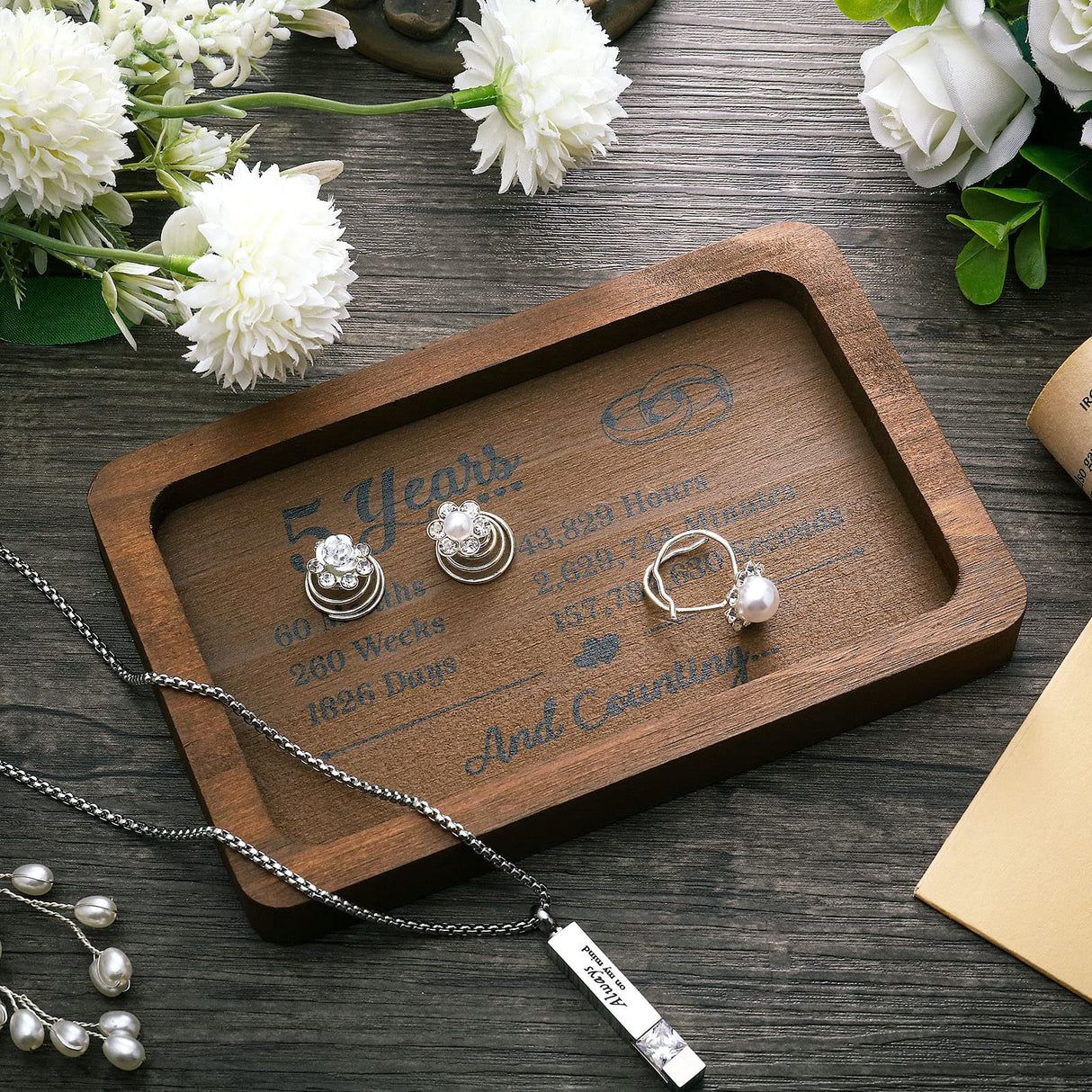 Gerrii Anniversary Wood Gift Rectangle Engraved Tray Wedding Anniversary Wood Gifts for Him Husband Wife Trinket Dish Solid Wood Jewelry Display Tray Gerrii