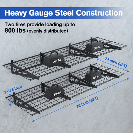 WORKPRO 2-Pack 2x6FT Garage Wall Shelving, 72” x 24” Heavy Duty Wall Mounted Shelving, 800lbs Load Capacity (Total), Metal Wall Shelves Suitable for WORKPRO