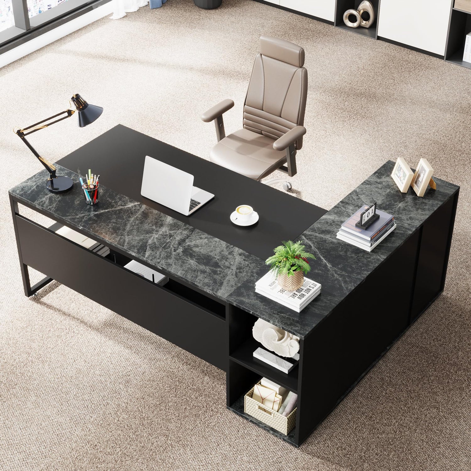 Tribesigns 71 inch Executive Desk, L Shaped Desk with Cabinet Storage, Executive Office Desk with Shelves, Business Furniture Desk Workstation for Tribesigns