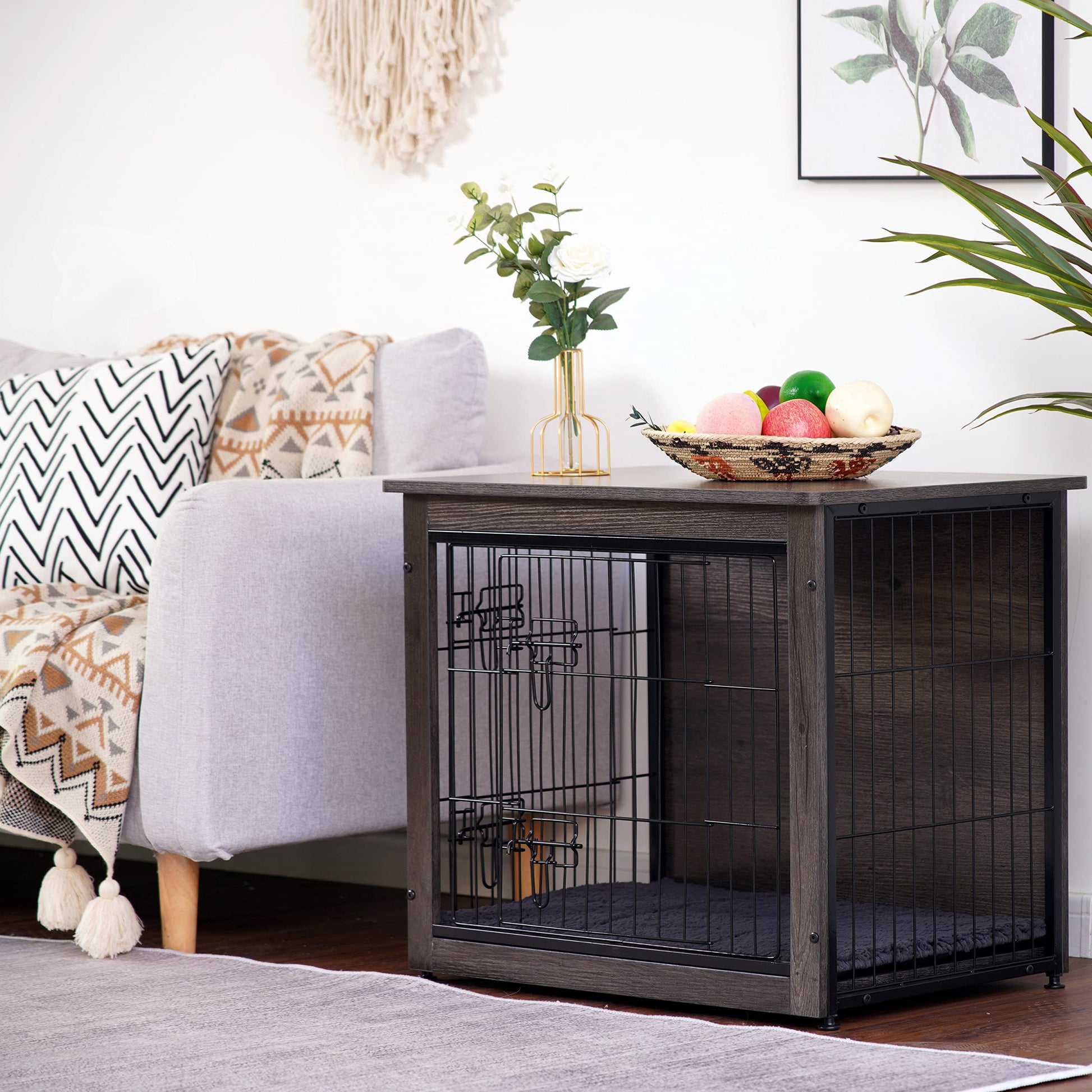 DWANTON Dog Crate Furniture with Cushion, Wooden Crate with Double Doors, Dog Kennel Indoor for Small/Medium/Large Dog, End Table, Small, 27.2" L, - WoodArtSupply