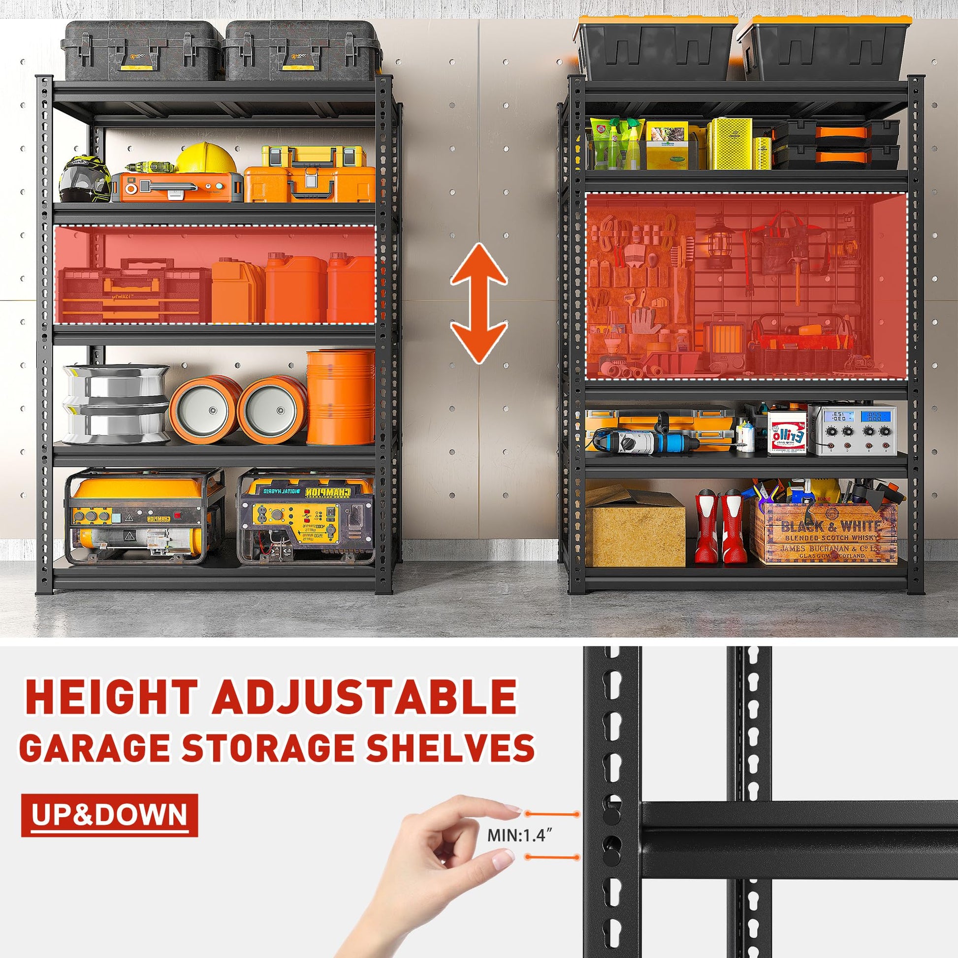 REIBII 72"H Garage Shelving Load 2000 Lbs Garage Storage Shelves Heavy Duty Shelving 5-Tier Adjustable Garage Shelves Sturdy Metal Shelves for - WoodArtSupply