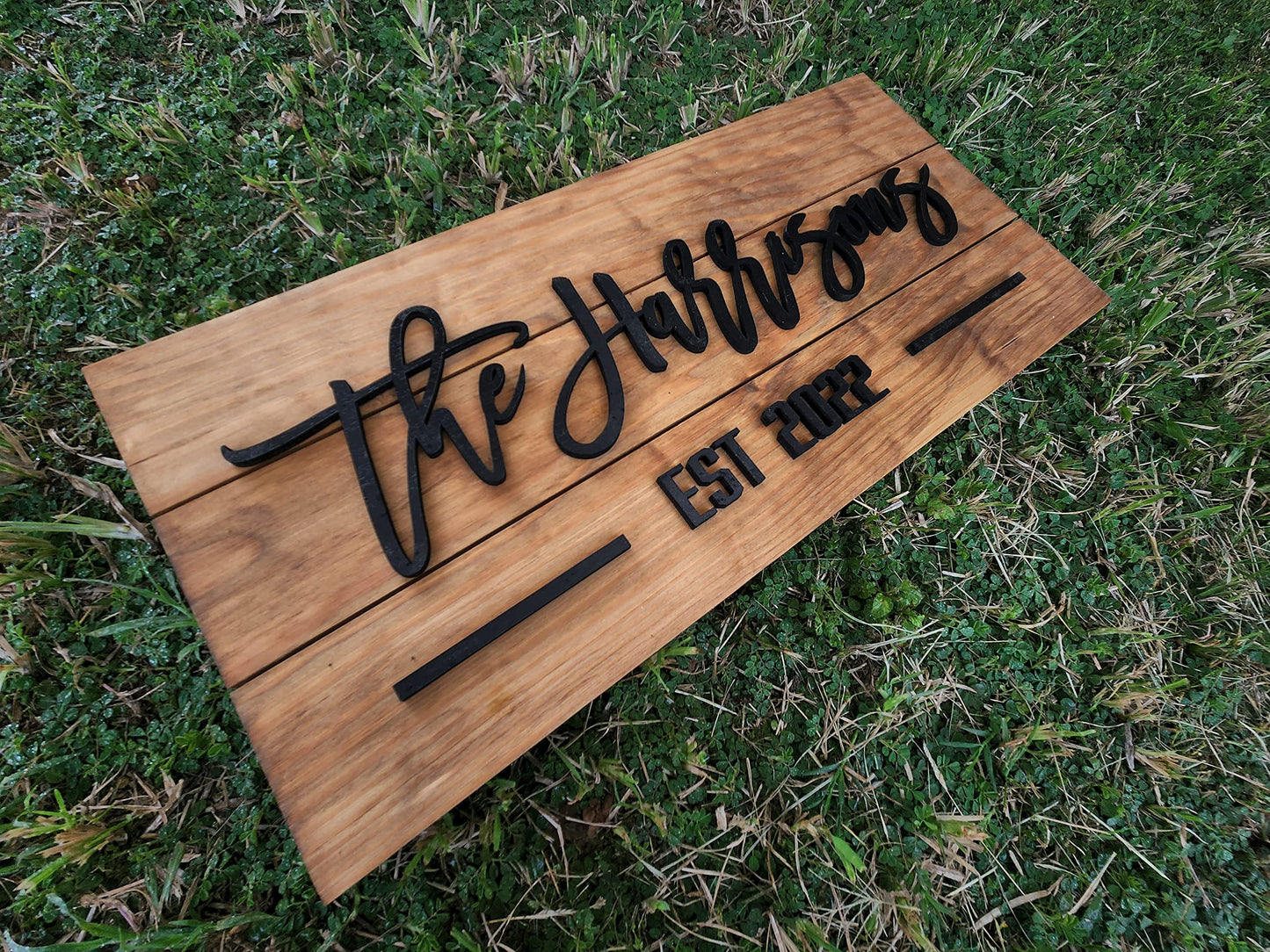 Personzalized 3D Style Effect Wood Sign for Easy Customization and Family Name Wedding Gift (Black Text - Golden Stain)