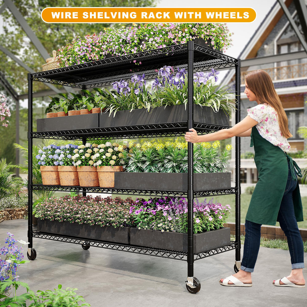 REIBII 55.5''W Storage Shelves 2500LBS Wire Shelving Rack with Wheels 75.6" H Heavy Duty Shelving Unit Adjustable Metal Shelves for Storage Rack REIBII