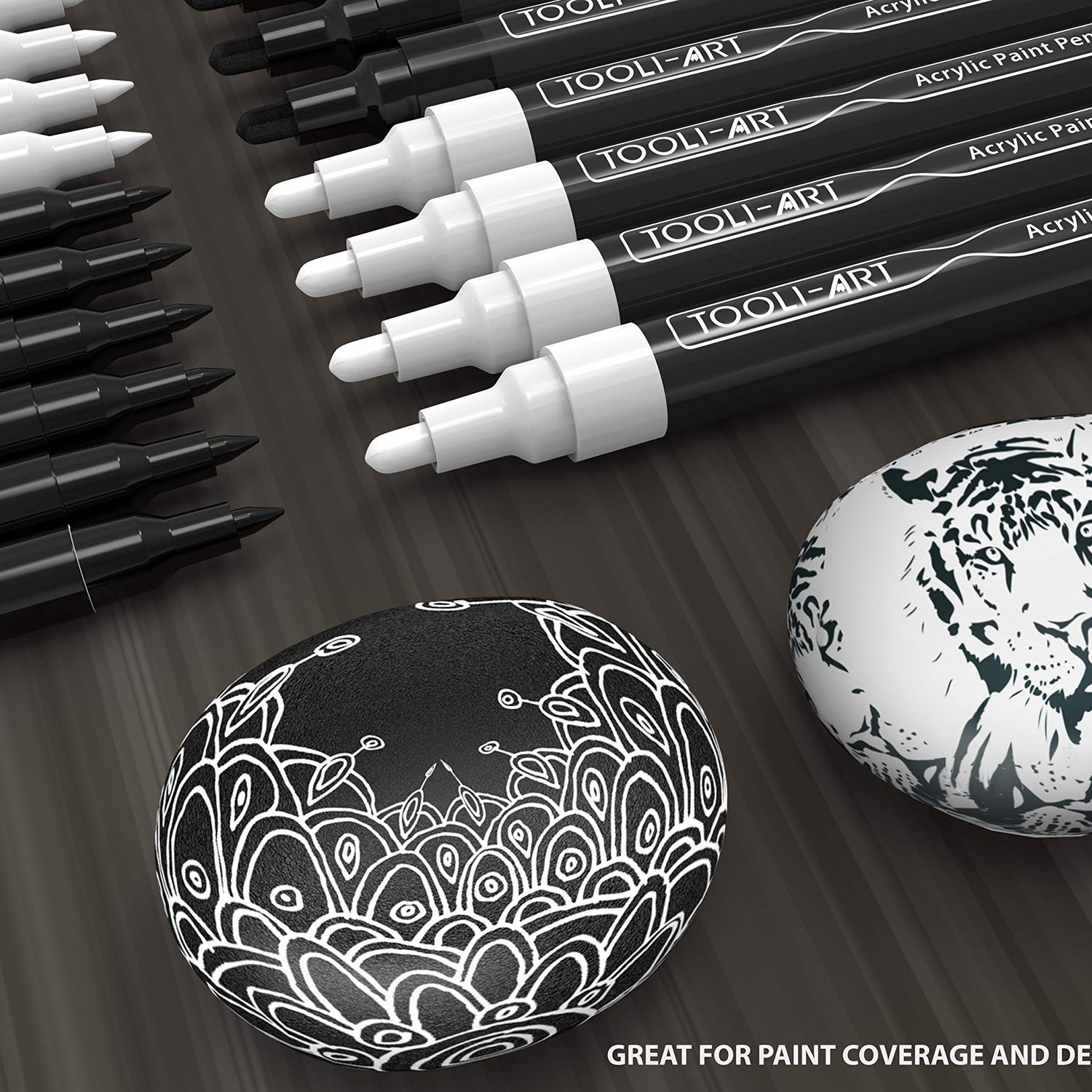 TOOLI-ART Black And White Acrylic Paint Markers Paint Pens Set For Rock Painting, Canvas, Mugs, Metal, Glass Paint, Fabric, Wood, DIY. Non Toxic, TOOLI-ART