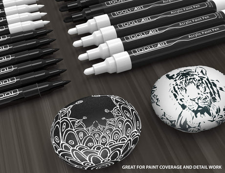 TOOLI-ART Black And White Acrylic Paint Markers Paint Pens Set For Rock Painting, Canvas, Mugs, Metal, Glass Paint, Fabric, Wood, DIY. Non Toxic, TOOLI-ART