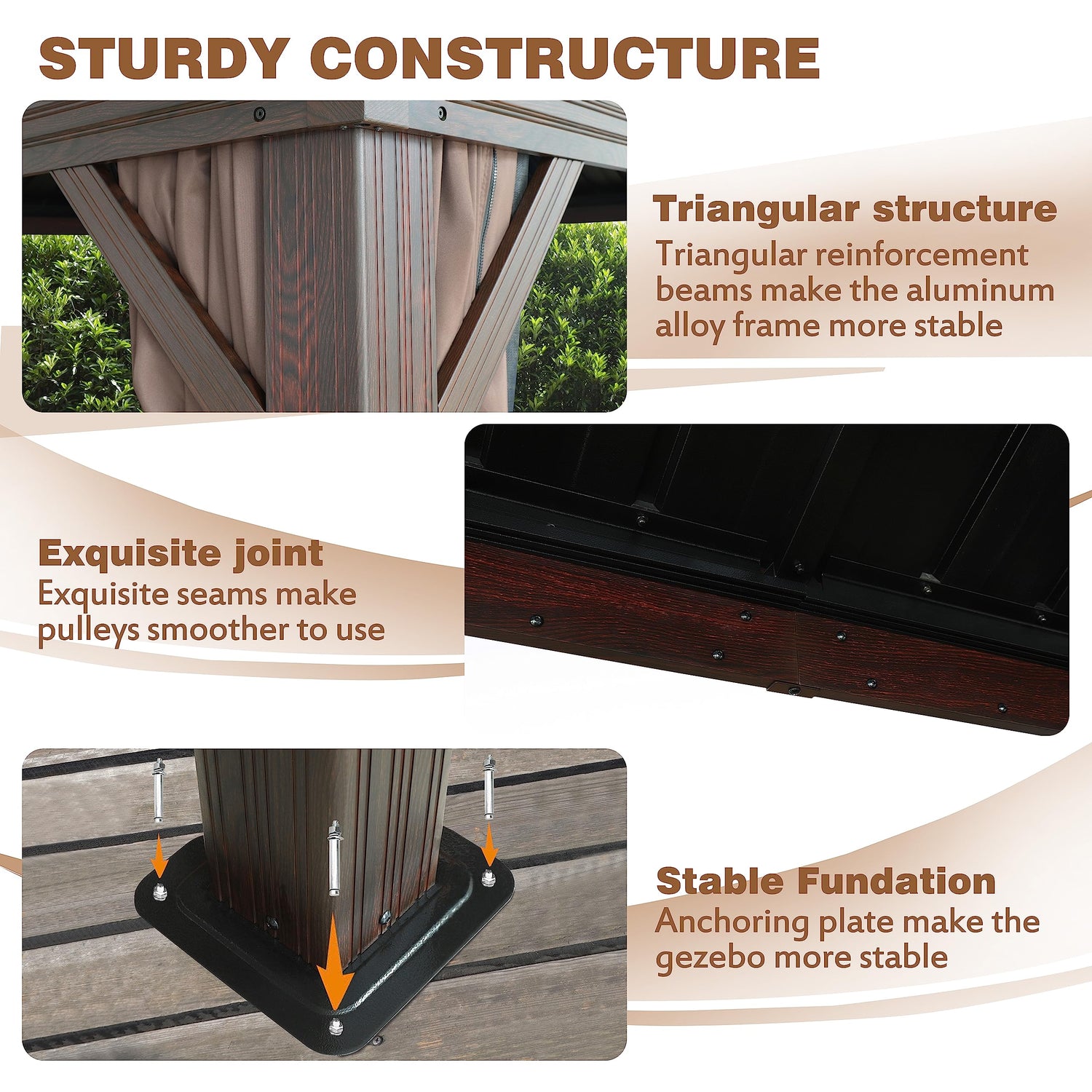 VEIKOU 10' x 12' Gazebo Hardtop, Outdoor Aluminum Wood Grain Gazebo w/Double Roof & Sidewalls, Permanent Pergolas and Gazebos, Patio Gazebo for VEIKOU