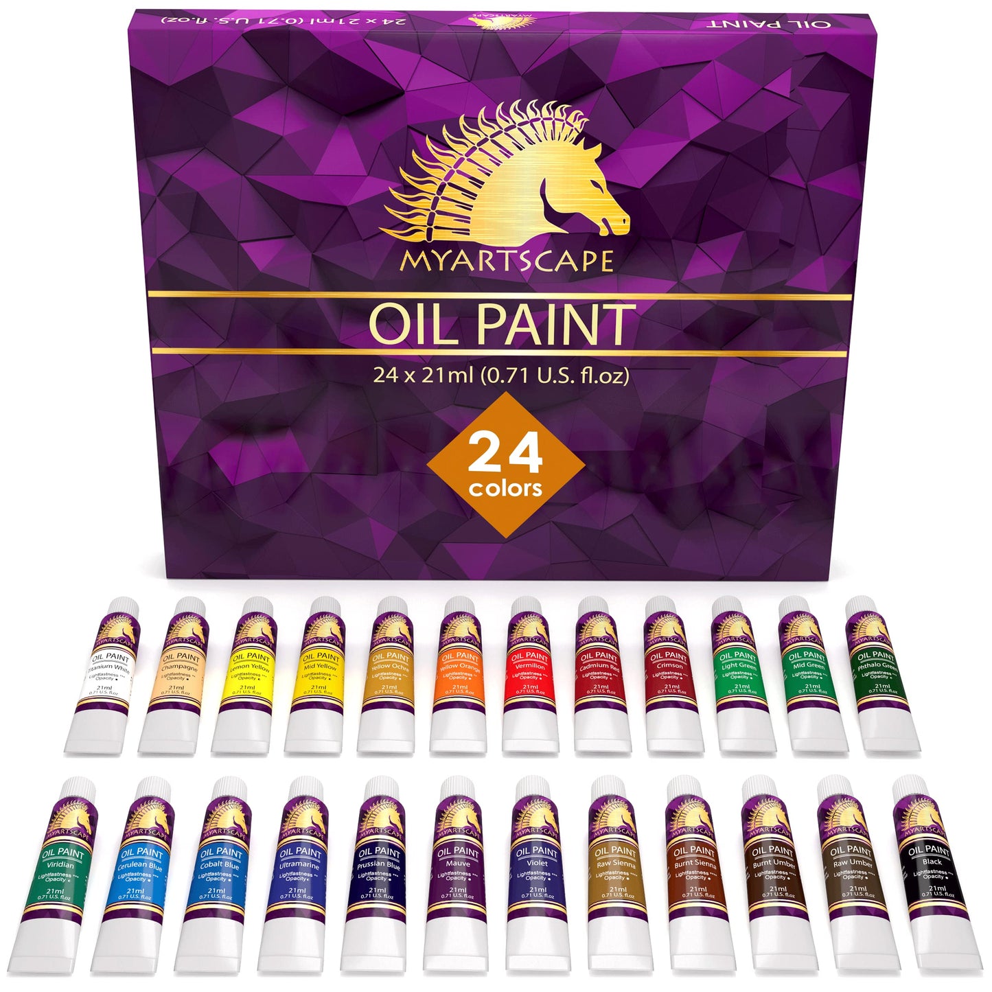 MyArtscape Oil Paint Set - 24 x 21ml Tubes - Artist Quality - Rich Vivid Oil-based Colors - Lightfast - Heavy Body - Great Saturation - Glossy Finish - WoodArtSupply