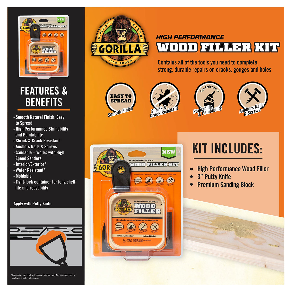 Gorilla All Purpose Wood Filler Wood Repair Kit with Putty Knife and Sanding Block Gorilla