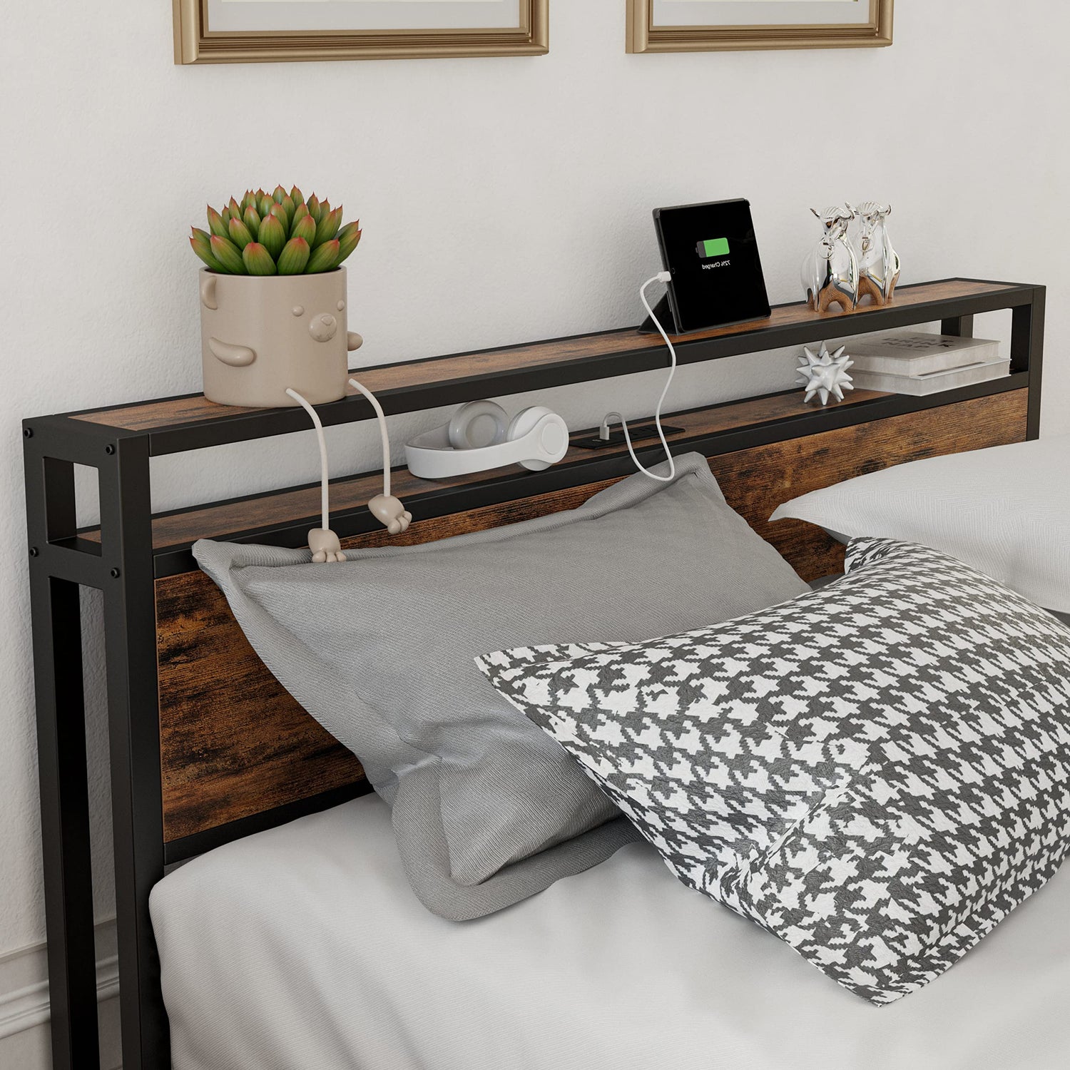 Stylish LIKIMIO Queen Bed Frame with Storage Headboard, Drawers, and Charging Station in Vintage Brown LIKIMIO