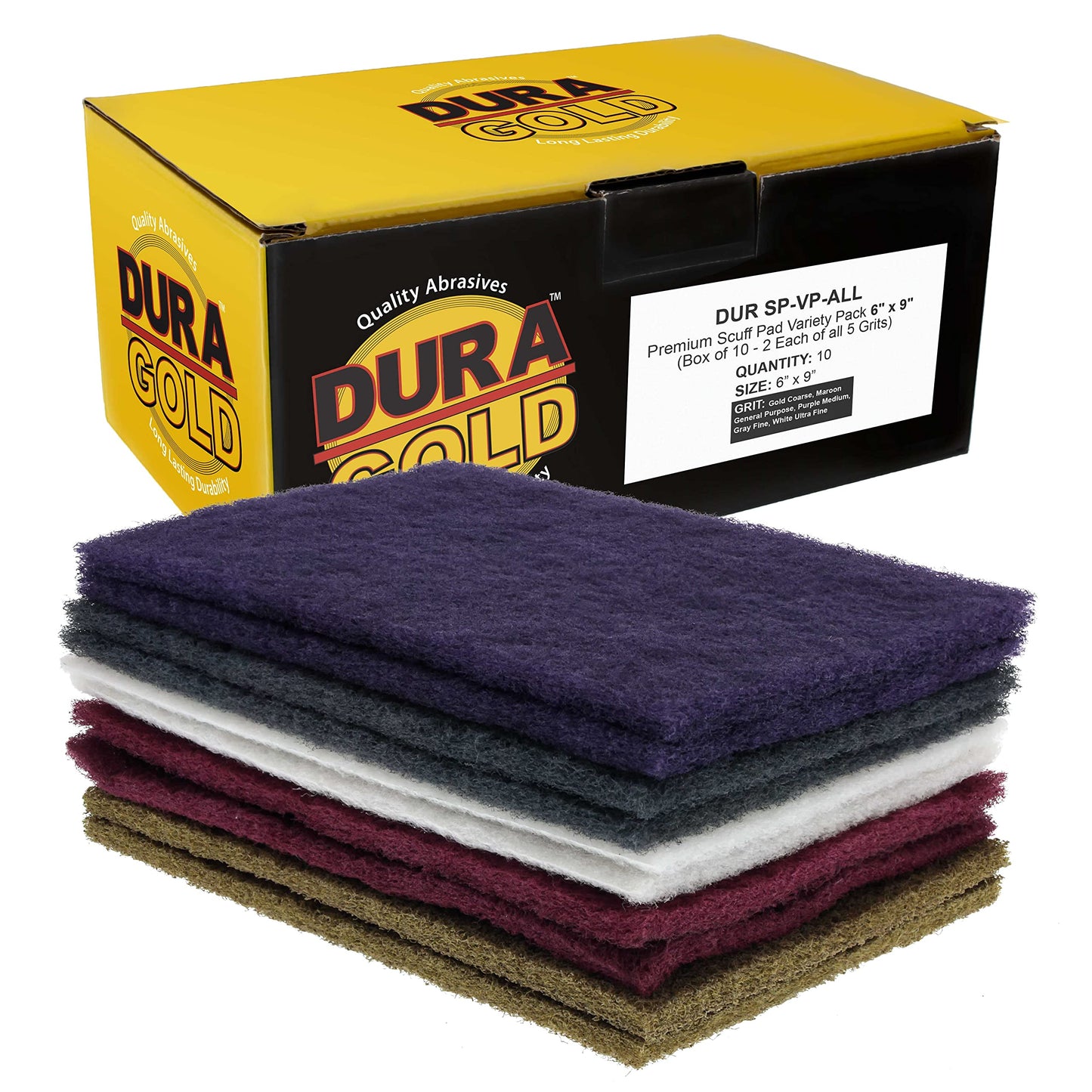 Dura-Gold Premium 6" x 9" 10 Scuff Pad Variety Pack, 2 Each Maroon, Gray, Gold, Purple and White - Scuffing, Scouring, Sanding, Cleaning, Blending,