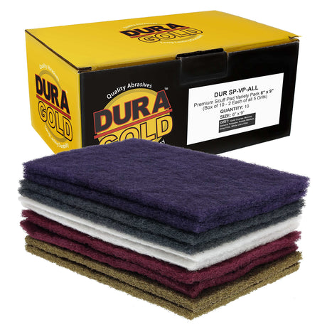 Dura-Gold Premium 6" x 9" 10 Scuff Pad Variety Pack, 2 Each Maroon, Gray, Gold, Purple and White - Scuffing, Scouring, Sanding, Cleaning, Blending, Dura-Gold