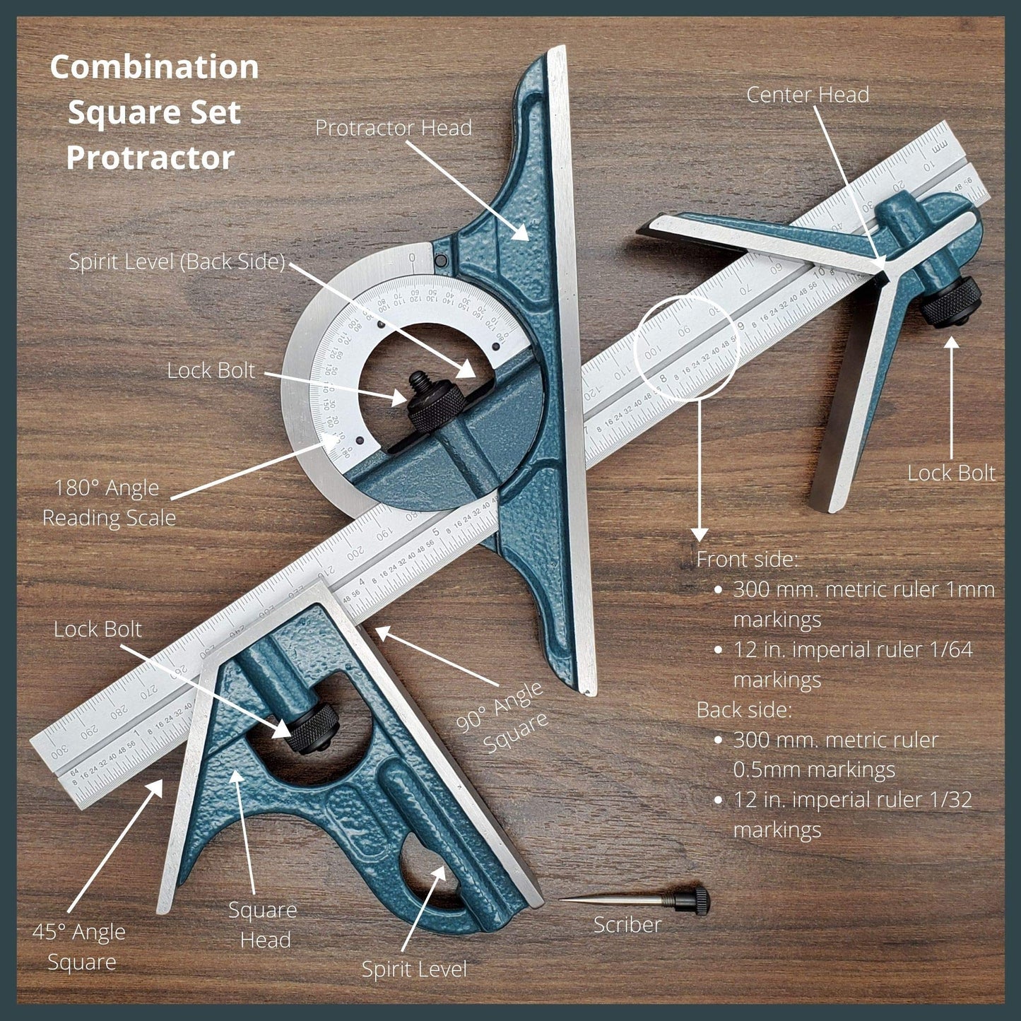 Combination Square Set with Protractor, Woodworking Square, Carpenter Square, 12’’ Bevel Ruler, 180 Degree Angle Finder, Ideal for Woodworking, - WoodArtSupply