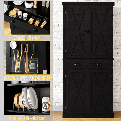 IRONCK Kitchen Pantry 72" Height,Storage Cabinet with Drawer, 4 Adjustable Shelves, Barn Doors, Freestanding Cupboard, Black