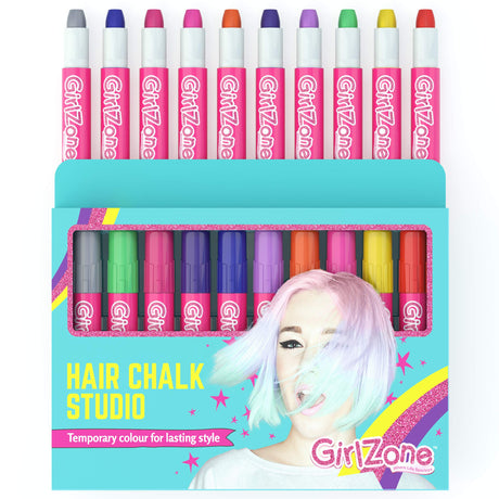 GirlZone Hair Chalks Set, 10-Piece Temporary Hair Chalk For Kids, Easy to Apply and Remove Temporary Hair Color for Kids Dress Up Parties, Role Play, GirlZone