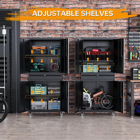 STANI Metal Garage Storage Cabinets with Drawer, 4 Doors Tool Storage Cabinet with 2 Adjustable Shelves, 72"-Rolling Steel Locking Cabinet for Garage STANI