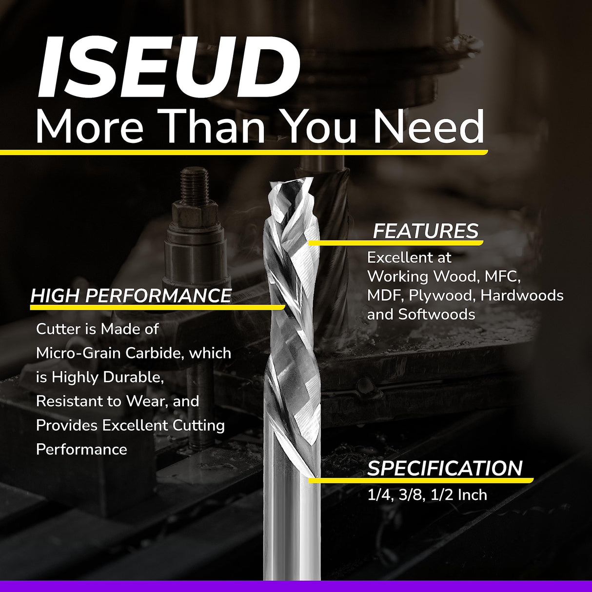 SPEED TIGER Carbide Spiral Router Bits - Up Down Compression Bit, ISEUD3/8” Diameter, 1-1/4” Cutting Length, 4"OVL (1 Piece, 3/8") - for Wood, SPEED TIGER