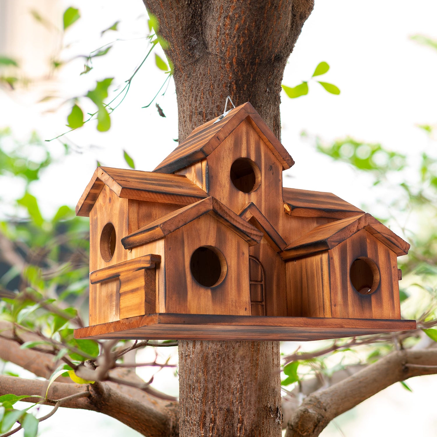 COLEBA Bird Houses for Outside,Outdoor 5 Hole Bird House Room for 5 Bird Families Bluebird Finch Cardinals Hanging Birdhouse for Garden (Brown - Set COLEBA