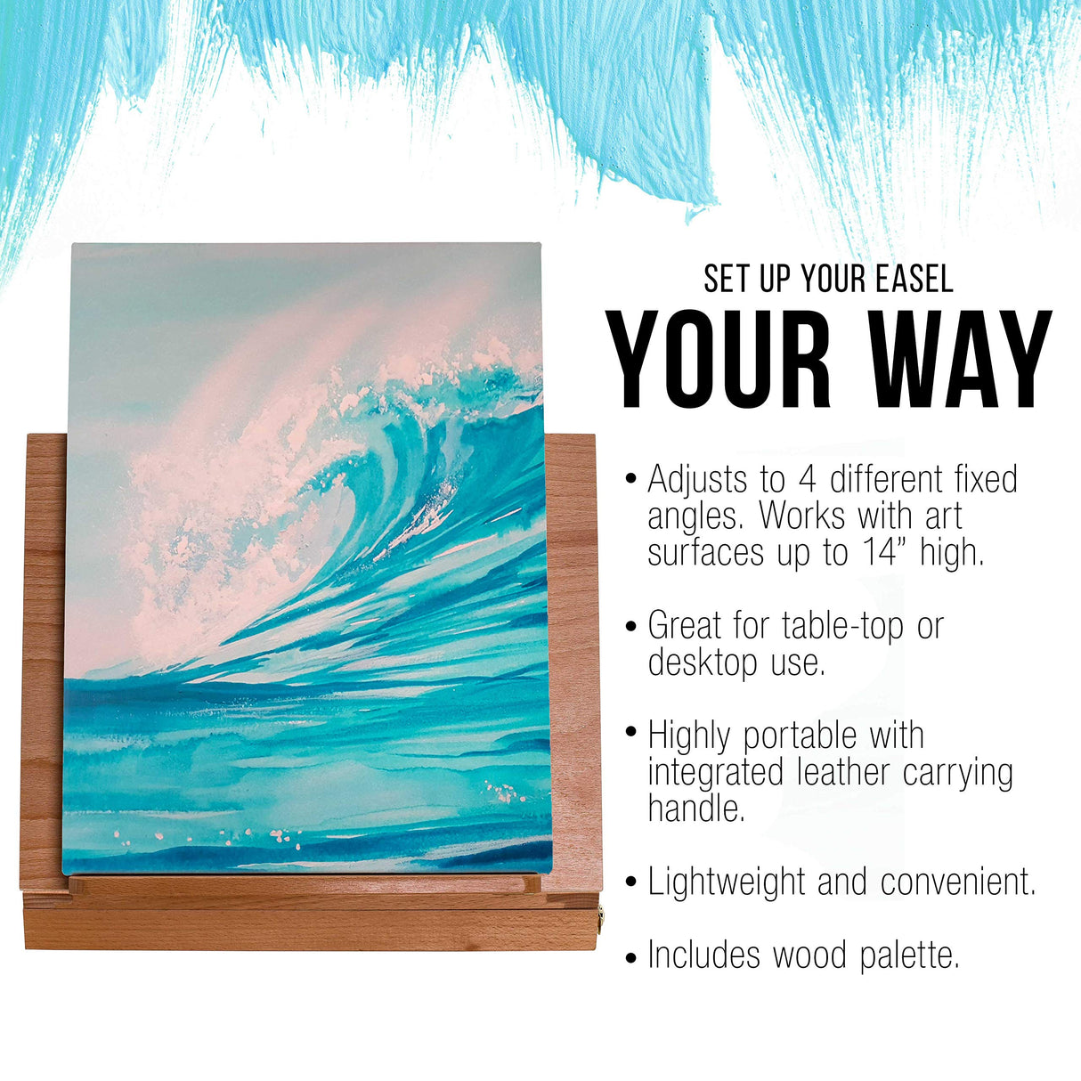 U.S. Art Supply Solid Solana Adjustable Wood Desk Table Easel with Storage Drawer, Paint Palette, Premium Beechwood - Portable Solid Wooden Artist US Art Supply