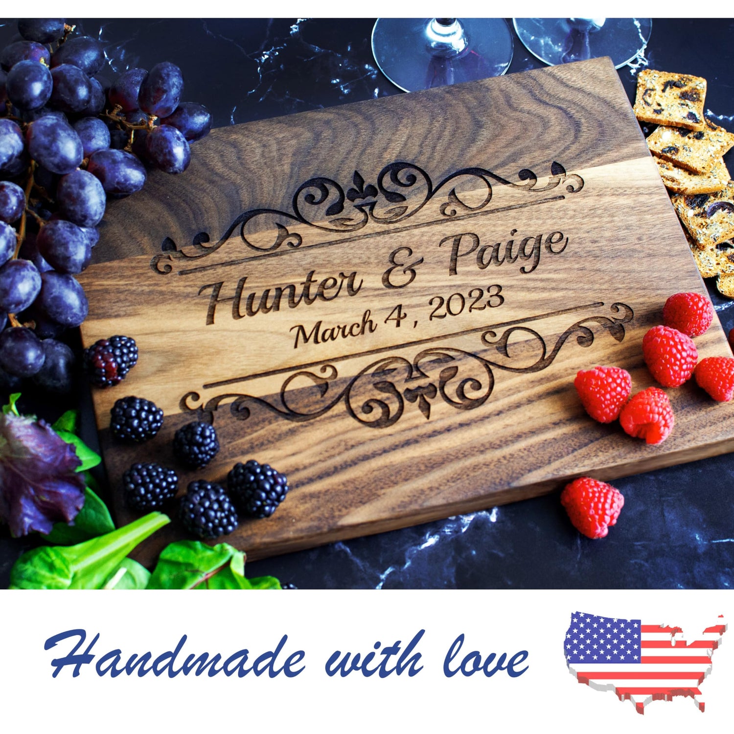 Personalized Wood Cutting Board Handmade in USA – Best Serves as Cheese board, Serving tray, Chopping board, Charcuterie board – Unique Wooden Gift Viva Leather