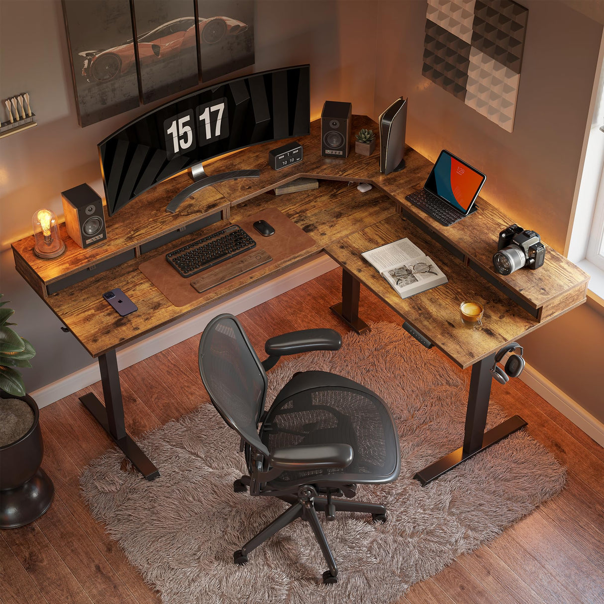 FEZIBO 63" L Shaped Standing Desk with 4 Drawers, Electric Standing Gaming Desk Adjustable Height, Corner Stand up Desk with Splice Board, Black FEZIBO