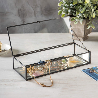 MyGift Glass Jewelry Box, Vintage Style Black Metal & Clear Glass Mirrored Shadow Box Jewelry Display Case with Hinged Top Lid