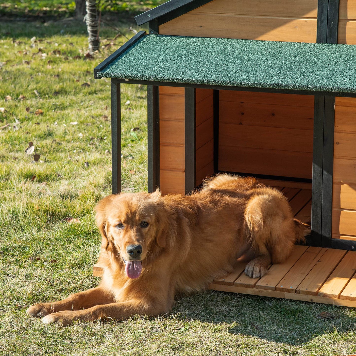 PawHut Outdoor Dog House Cabin Style, Wooden Raised Pet Kennel with Asphalt Roof, Front Door, Side Window, Porch for Medium/Large Dogs, Loading 53