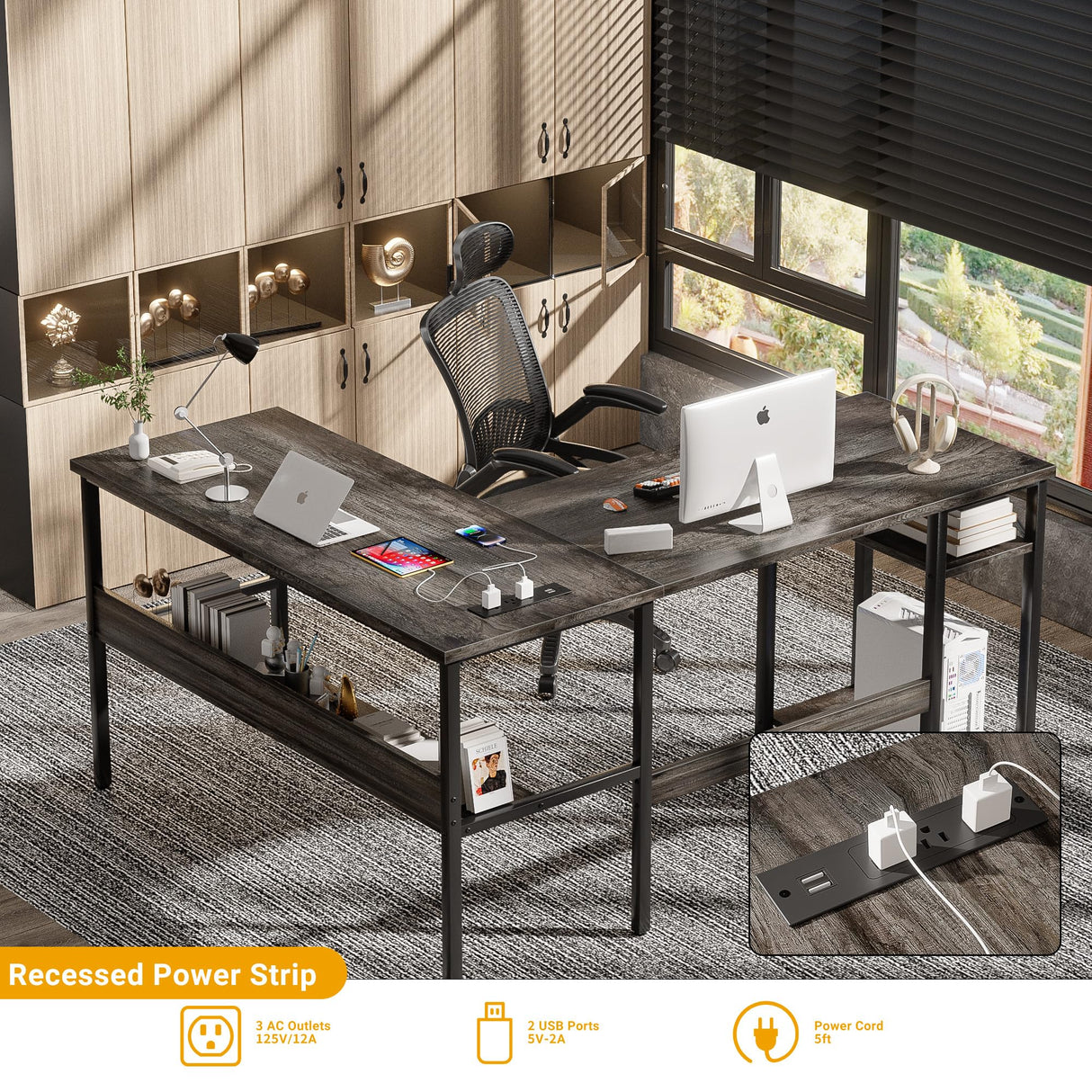 Unikito Reversible L Shaped Desk with Magic Power Outlets and USB Charging Ports, Sturdy Corner Computer Desk with Storage Shelves, Gaming Desk for Unikito