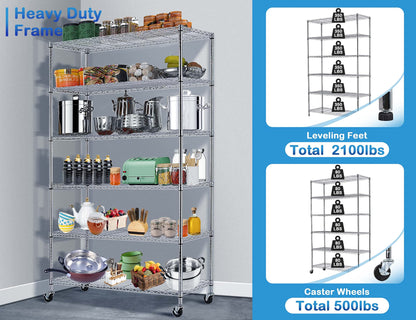 6-Tier Storage Racks, 2100Lbs Capacity Heavy Duty Metal Shelf with Wheels, NSF Certified Commercial Grade Adjustable Large Wire Shelving Unit for