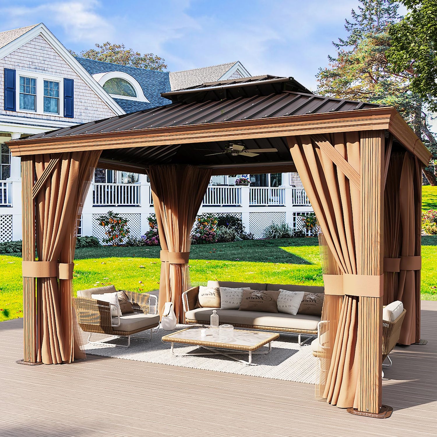 Jolydale 10' x 12' Gazebo, Permanent Wooden Finish Coated Aluminum Frame Canopy, Galvanized Steel Double Top, Outdoor Metal Pavilion with Privacy Jolydale