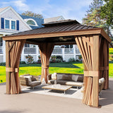 Jolydale 10' x 12' Gazebo, Permanent Wooden Finish Coated Aluminum Frame Canopy, Galvanized Steel Double Top, Outdoor Metal Pavilion with Privacy Jolydale