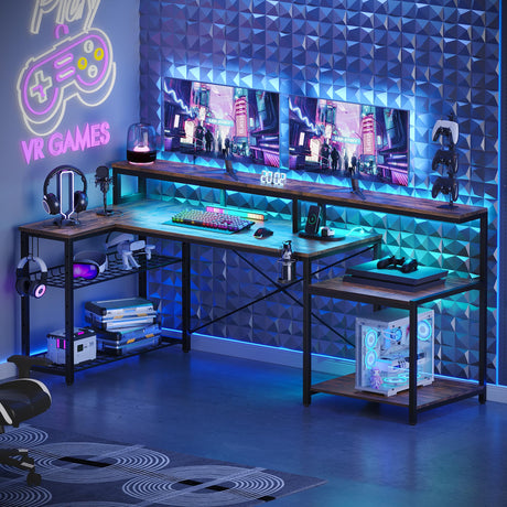 Bestier 71.5 inch Computer Desk with Power Outlets, L Shaped LED Home Office Desk with Long Monitor Stand, Large Corner Desk with Storage Shelf, Cup Bestier
