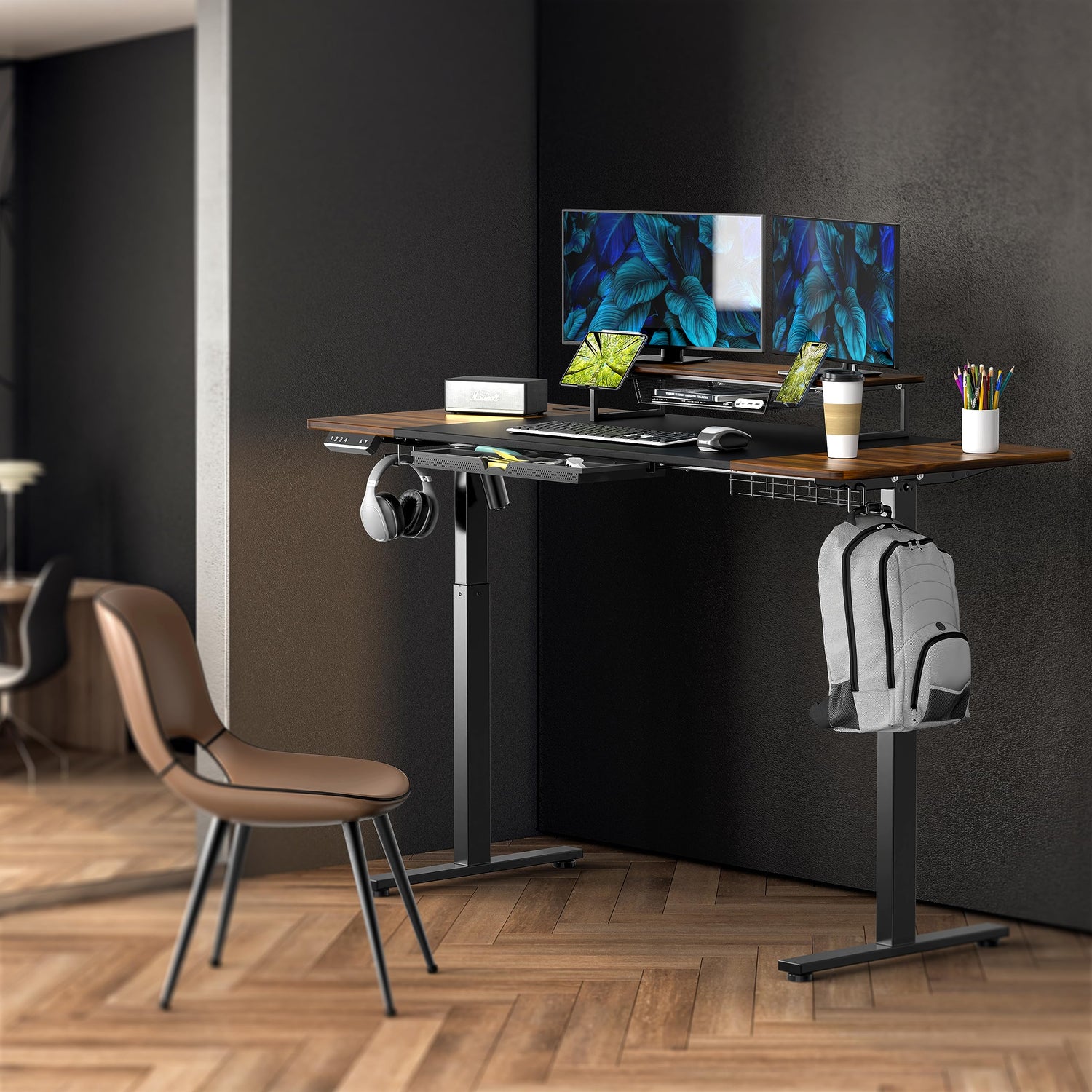 SHW 62-Inch Extra Large Electric Height Adjustable Standing Desk with Monitor Riser and Drawer, 62 x 28 Inches, Walnut SHW