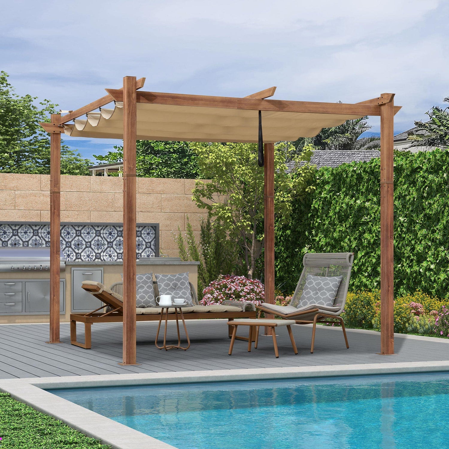 PURPLE LEAF 10' x 10' Outdoor Retractable Pergola with Sun Shade Canopy Patio Metal Shelter for Garden Porch Beach Pavilion Natural Wood Grain Frame PURPLE LEAF