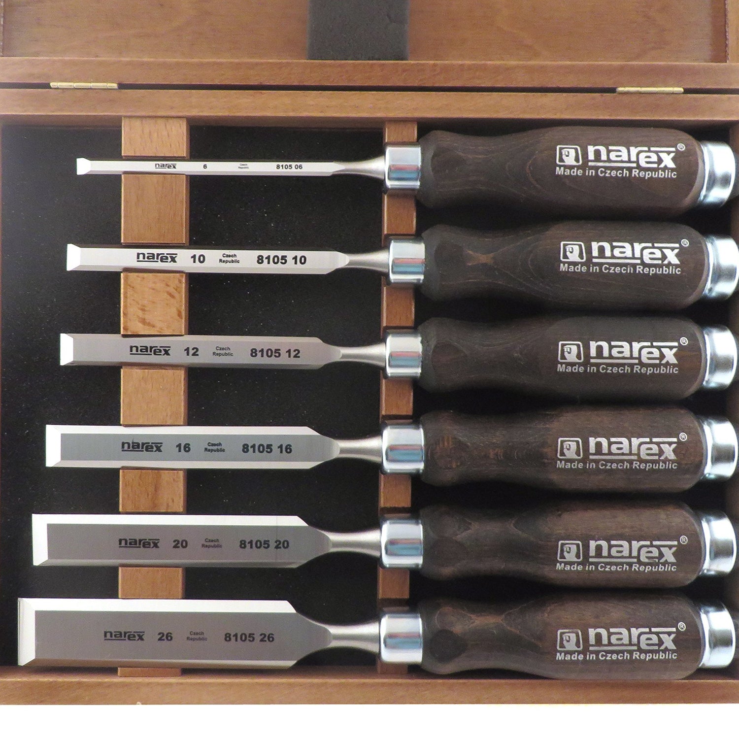 Narex 6 pc Set 6 mm (1/4), 10 (3/8), 12 (1/2), 16 (5/8), 20 (13/16), 26 (1-1/16) Woodworking Chisels in Wooden Presentation Box 853053 Narex